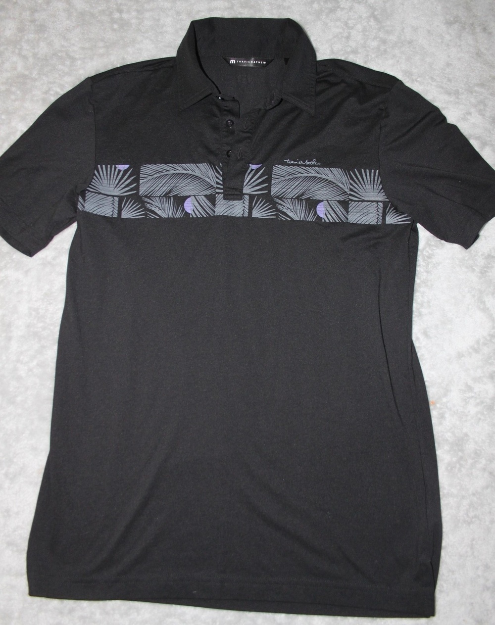 TravisMathew Polo Shirt Mens S Black Polyester Cotton Spandex Graphic Slim